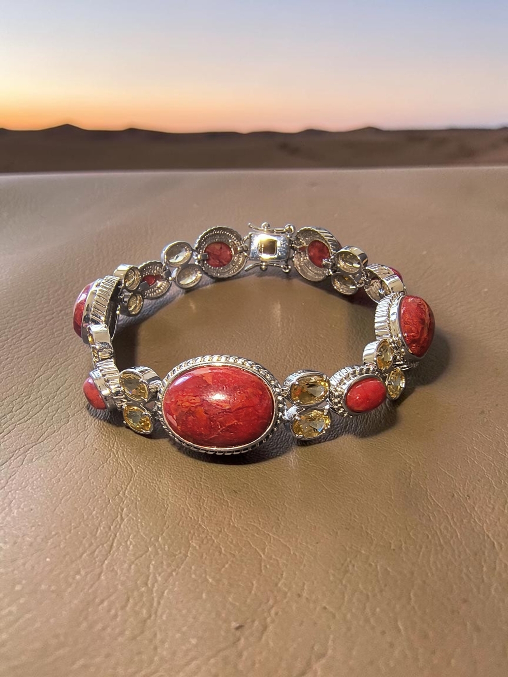 Red Coral and Faceted Citrine Gemstone  Sterling Silver Bracelet Brand New